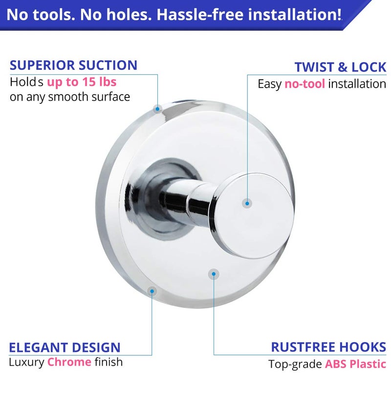 HOME SO Suction Cup Hooks for Shower, Bathroom, Kitchen, Glass Door, Mirror, Tile â€“ Loofah, Towel, Coat, Bath Robe Hook Holder for Hanging up to 15 lbs â€“ Waterproof & Rustproof, Chrome (4-Pack) - Image 5